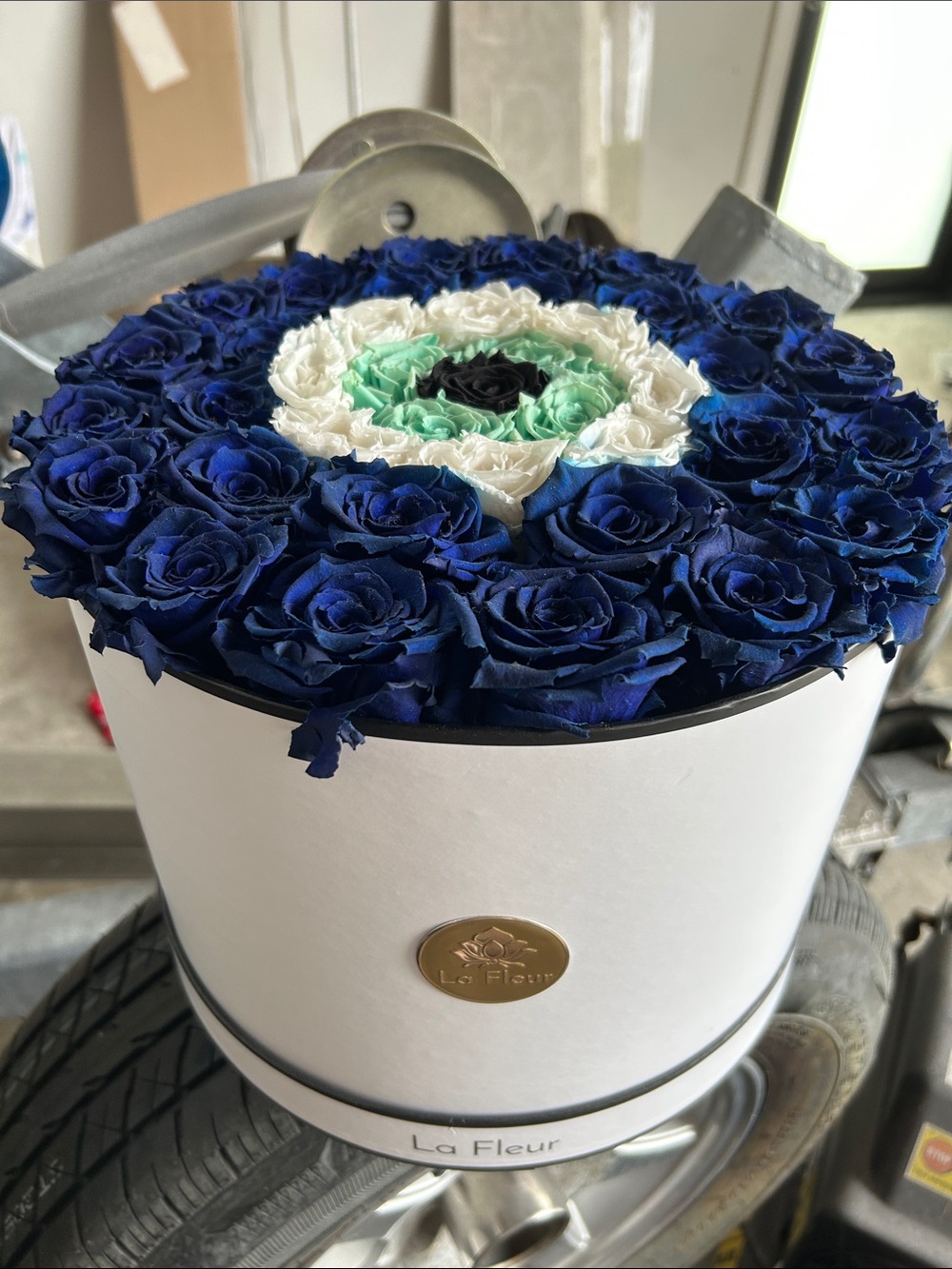 Blue Rose Hat Box Arrangement with White & Mint Accents